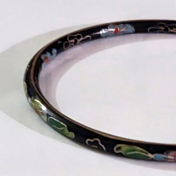 Vintage Chinese Cloisonne Black Floral Bangle Bracelet 4mm 2.6 inches - Picture 2 of 5